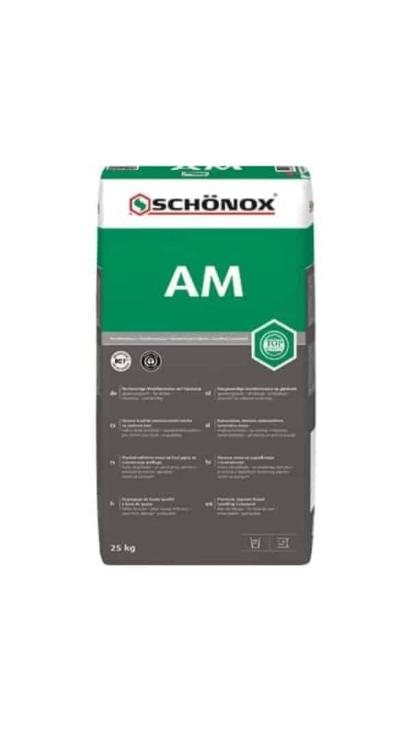Zak Schönox AM 25 kg egalisatielaag voor vloeren Zak van 25 kg Schönox AM gipsgebonden egalisatielaag voor vloerverwarming en vlakke renovatievloeren.