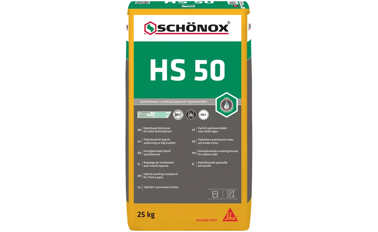 Zak Schönox HS 50 egalisatiemortel 25 kg voor dikke lagen tot 50 mm, snel droog, geschikt voor renovatie en vloerverwarming
