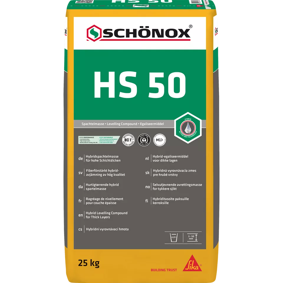 Schönox HS 50 Egaline 25 kg – Spanningsarme Hybride Egalisatie voor Dikke Lagen en Renovatie Zak Schönox HS 50 egalisatiemortel 25 kg voor dikke lagen tot 50 mm, snel droog, geschikt voor renovatie en vloerverwarming