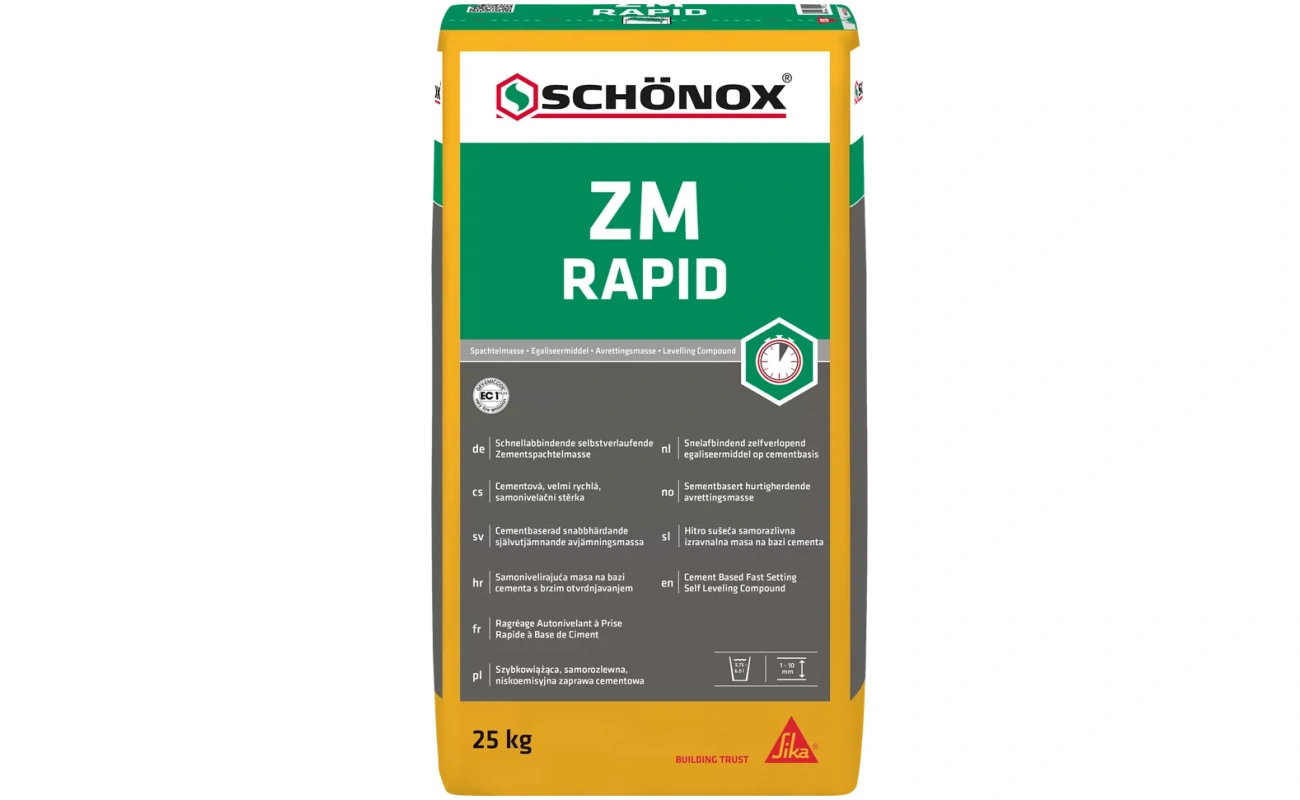 Zak Schönox ZM Rapid Egaline 25 kg voor snel drogende egaline op cementbasis, geschikt voor renovatie en vloerverwarming