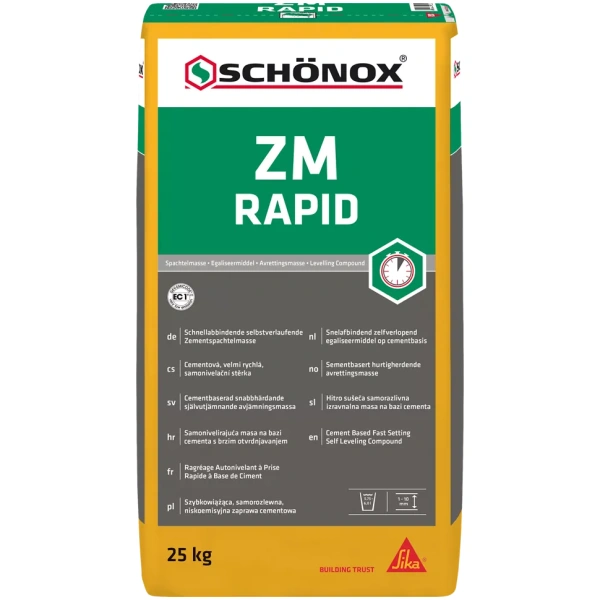 Zak Schönox ZM Rapid Egaline 25 kg voor snel drogende egaline op cementbasis, geschikt voor renovatie en vloerverwarming