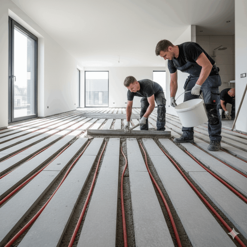 Sleuven van vloerverwarming opvullen met reparatiemortel tijdens vloerherstel