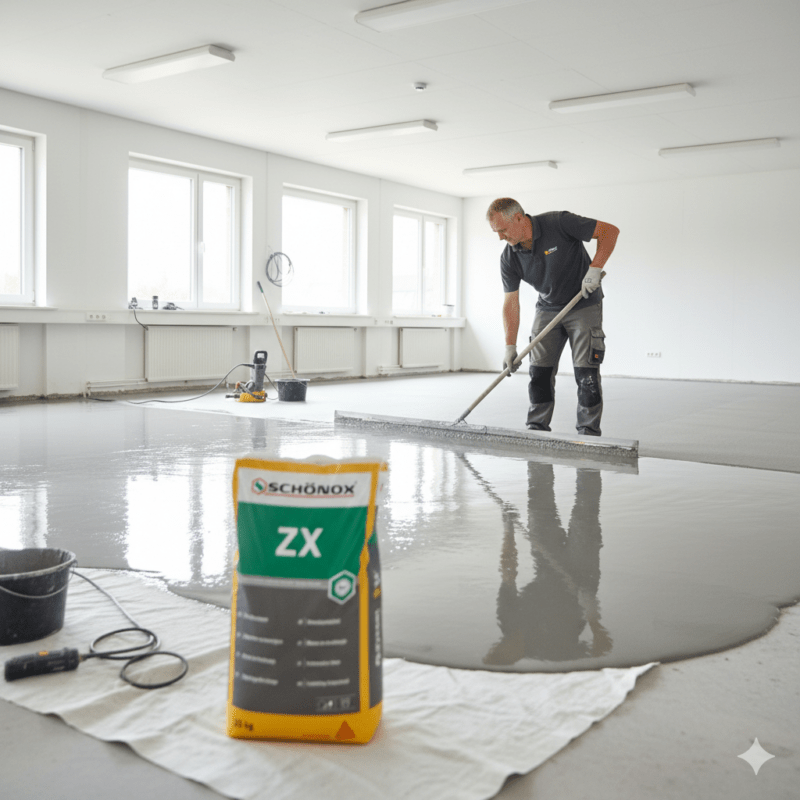 Schönox ZX egaline 25kg tijdens het egaliseren van een vloer met zelfvloeiende egaline