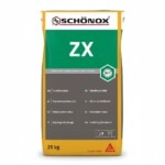 Zak van 25 kg Schönox ZX zelfvloeiende egaline voor het gladmaken van vloeren, met blauwe en witte verpakking.