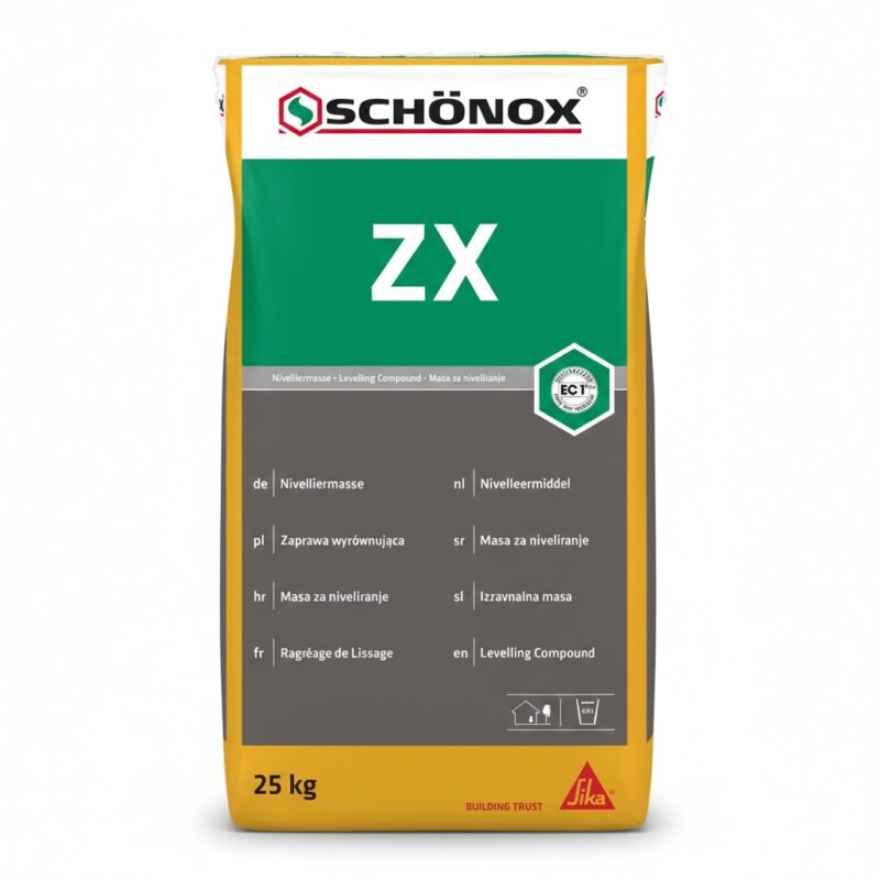 Zak van 25 kg Schönox ZX zelfvloeiende egaline voor het gladmaken van vloeren, met blauwe en witte verpakking.