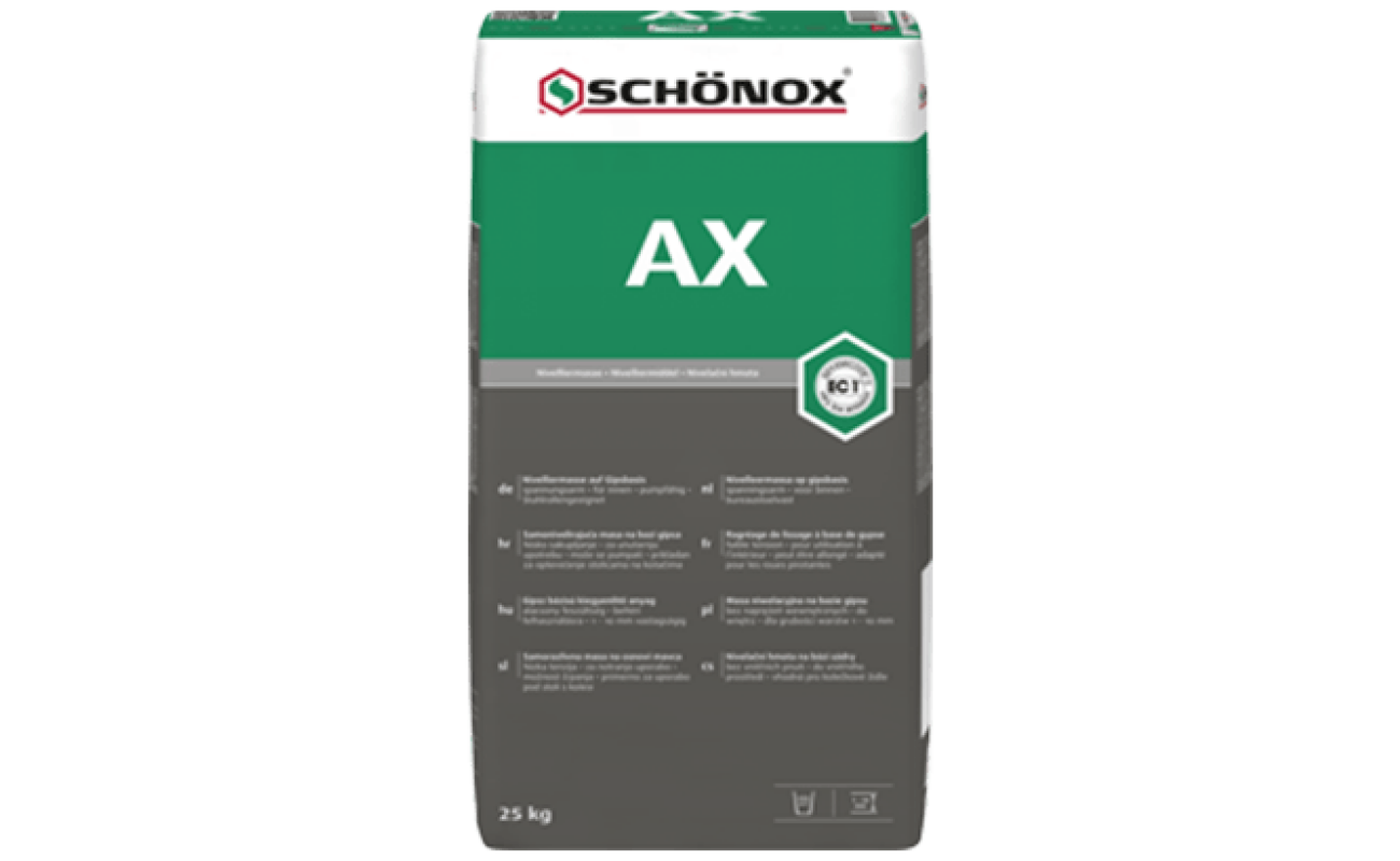 Zak van 25 kg Schönox AX gips egaline voor het snel egaliseren van binnenvloeren.