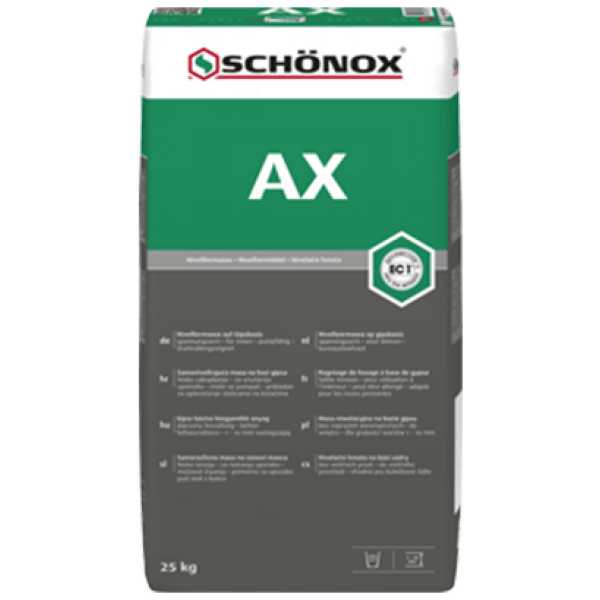 Zak van 25 kg Schönox AX gips egaline voor het snel egaliseren van binnenvloeren.