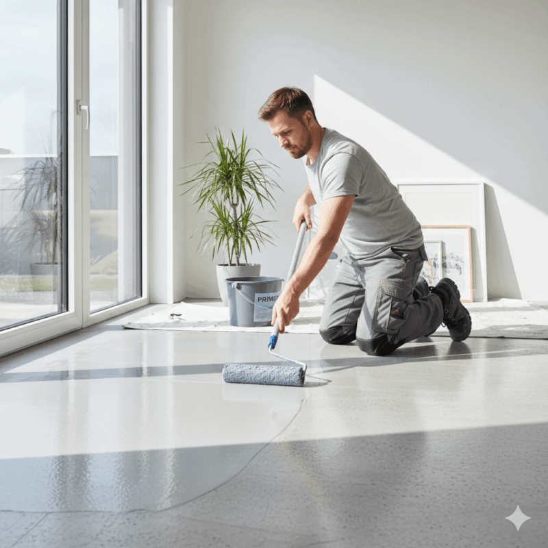 Vakman brengt primer voor sneldrogende egaline aan op betonnen vloer in de woonkamer