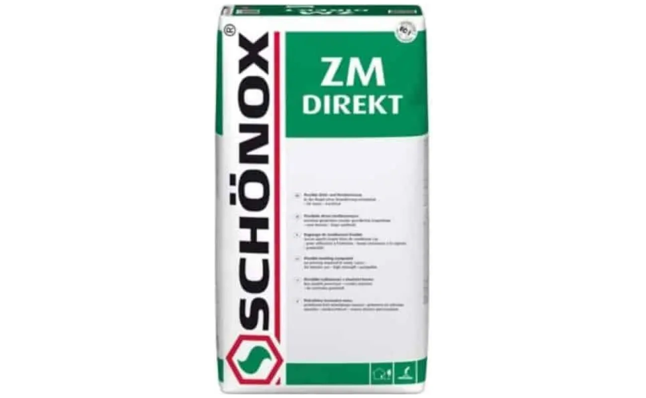 Container met Schönox ZM Direkt, een professionele constructielijm en egalisatielaag, op een lichte achtergrond.