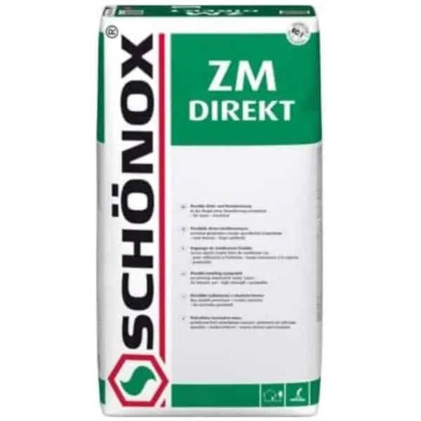 Container met Schönox ZM Direkt, een professionele constructielijm en egalisatielaag, op een lichte achtergrond.