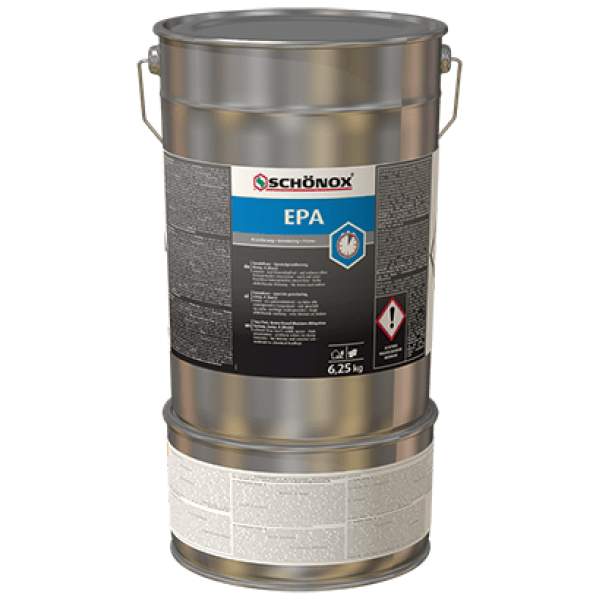 Metalen container met Schönox EPA, een industrieel reinigings- en onderhoudsproduct voor vloeren.