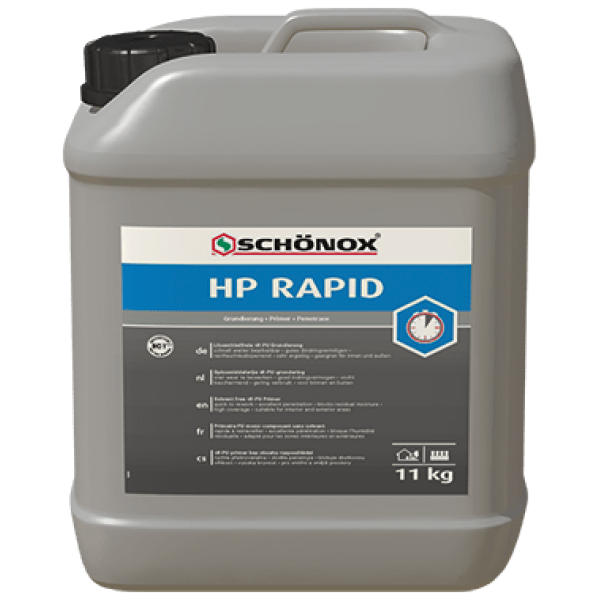 Witte container Schönox HP Rapid hechtprimer met blauwe en rode tekst, geschikt voor niet-zuigende vloeren zoals tegelvloeren en oude lijmresten.