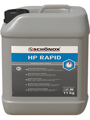 Witte container Schönox HP Rapid primer voor vloeren Witte container Schönox HP Rapid hechtprimer met blauwe en rode tekst, geschikt voor niet-zuigende vloeren zoals tegelvloeren en oude lijmresten.