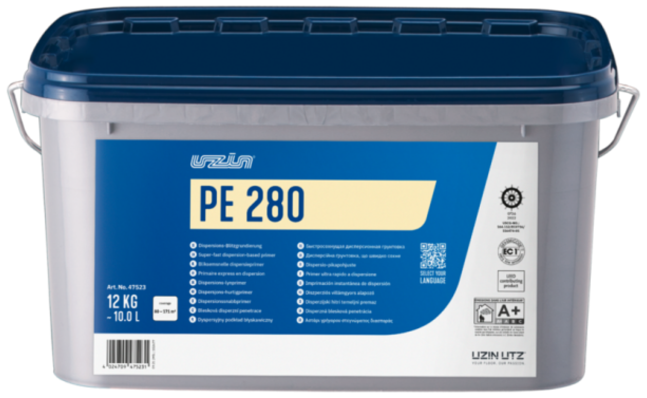 12 kg container Uzin PE 280 kleefmiddel voor vloerbekleding, wit met blauw etiket en handvat.