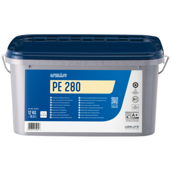12 kg container Uzin PE 280 kleefmiddel voor vloerbekleding, wit met blauw etiket en handvat.
