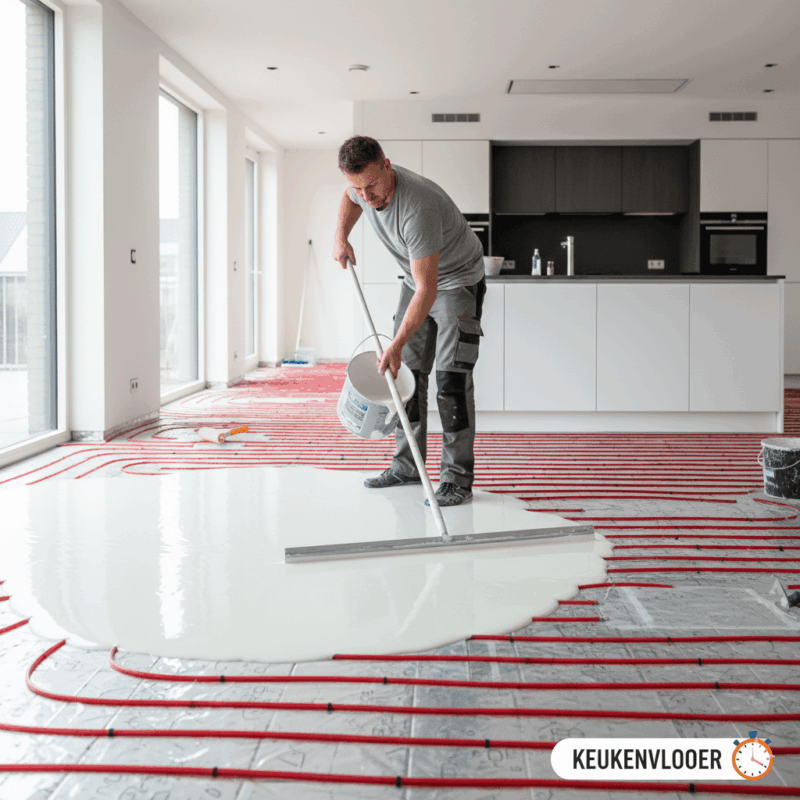 Sneldrogende egaline aanbrengen op keukenvloer met vloerverwarming met UZIN NC 172 BiTurbo