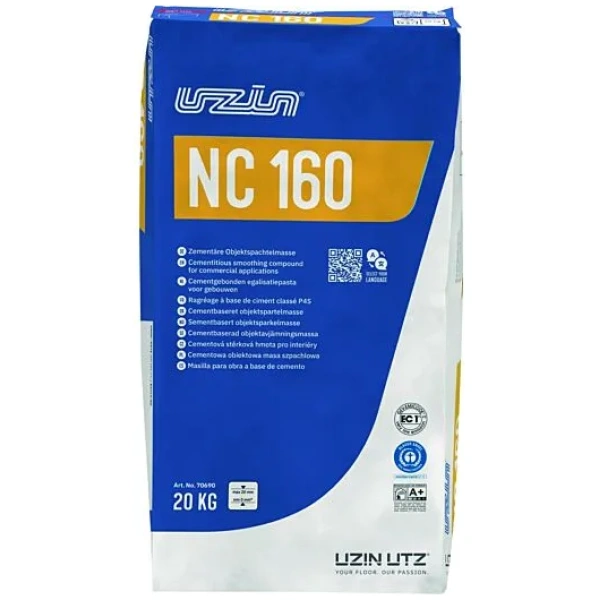 Verpakkingszak van UZIN NC 160 zelfvloeiende cementgebonden egalisatielaag van 20 kg voor vloerrenovatie.