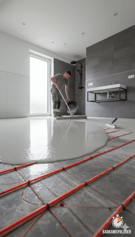 Voor en na badkamer vloer egaliseren met sneldrogende egaline op vloerverwarming