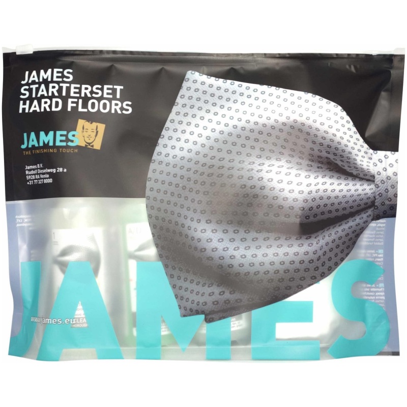 Verpakking van James starterset voor harde vloeren met reiniger en microvezeldoek voor PVC en laminaat.