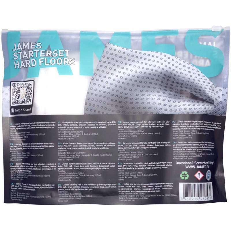Verpakking van James Starterset schoonmaakdoekjes voor harde vloeren met gebruiksinstructies en QR-code.