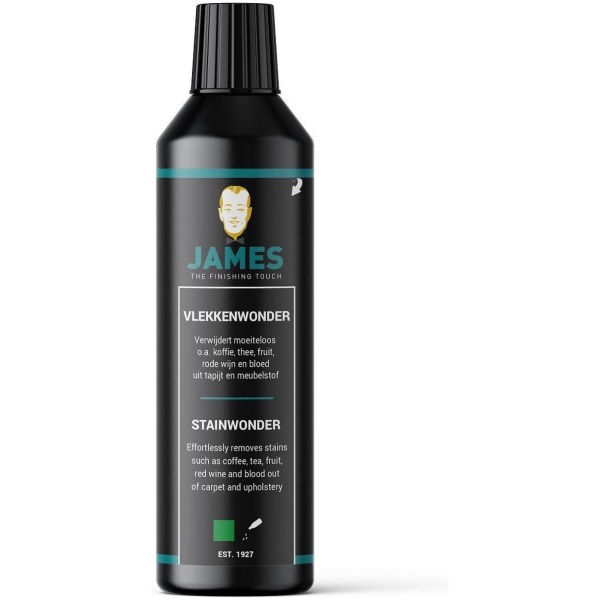 Fles James Vlekkenwonder textielreiniger voor tapijt, karpet en meubels, geschikt voor het verwijderen van vlekken.