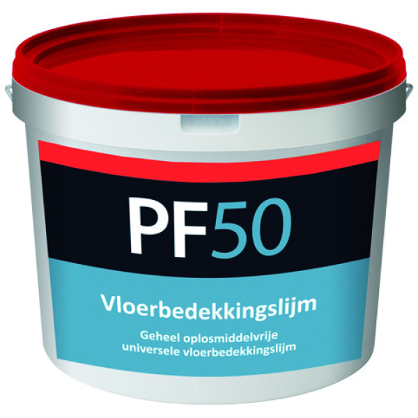 Pot schuim met PF50 vloerbedekkingslijm, een universele, oplosmiddelvrije lijm voor vloeren.