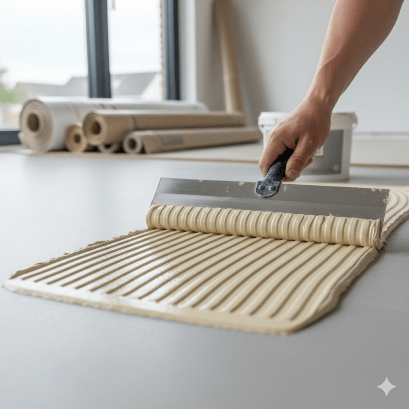 Professionele PVC vloerlijm aanbrengen met SCHÖNOX DUROCOLL dispersielijm op geëgaliseerde ondergrond