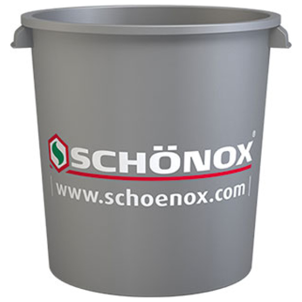Grijze Schönox aanmaakemmer van 32 liter met handvatten en Schönox-logo op de zijkant.