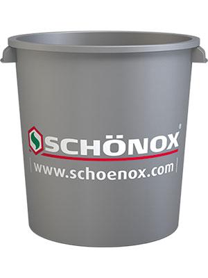 Grijze Schonox emmer met handvatten en logo Grijze Schönox aanmaakemmer van 32 liter met handvatten en Schönox-logo op de zijkant.