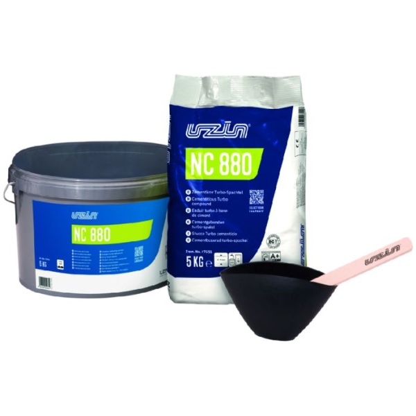 Uzin NC 880 tegel lijm set met emmer, zak en menggereedschap voor het aanbrengen van egalisatielaag.
