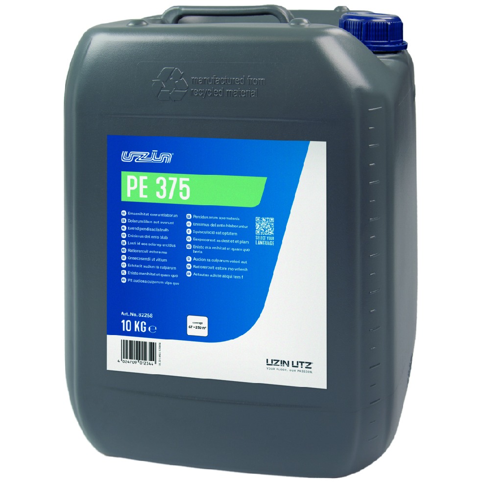 10 kg container Uzin PE 375 lijm met blauwe verpakking 10 kg container met Uzin PE 375 industriële lijm met blauwe en witte verpakking.