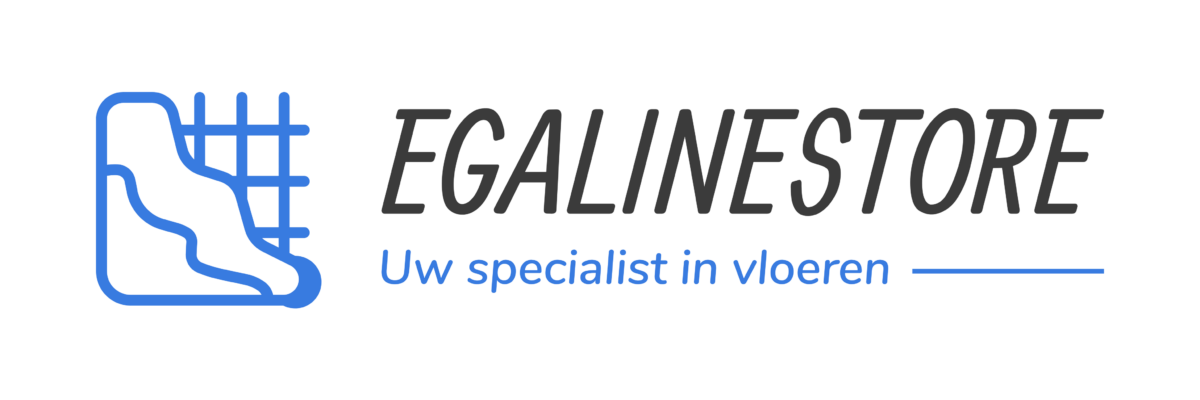 Logo van EgalineStore met blauwe abstracte vorm en Nederlandse slogan over vloeren.