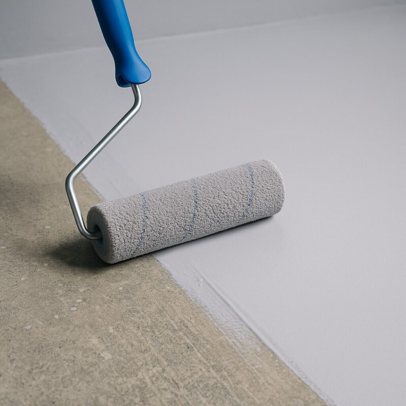 Primer voor vloeren egaliseren wordt aangebracht met een roller op een betonnen ondergrond