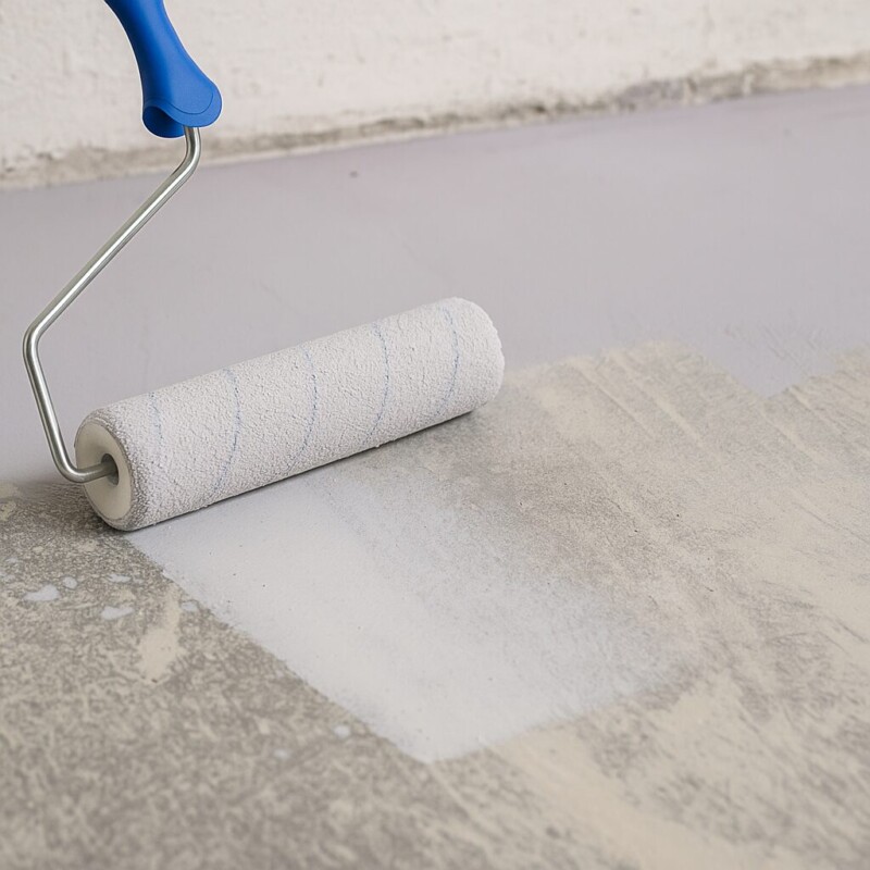 Hand met roller brengt witte primer gelijkmatig aan op zuigende zandcementvloer voor betere hechting.