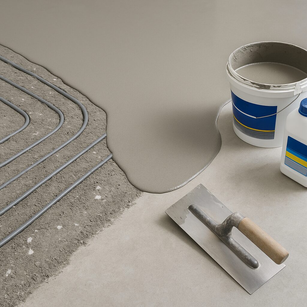 Close-up van gipsgebonden egaline die uitvloeit over de vloer – praktijkvoorbeeld Egalinestore