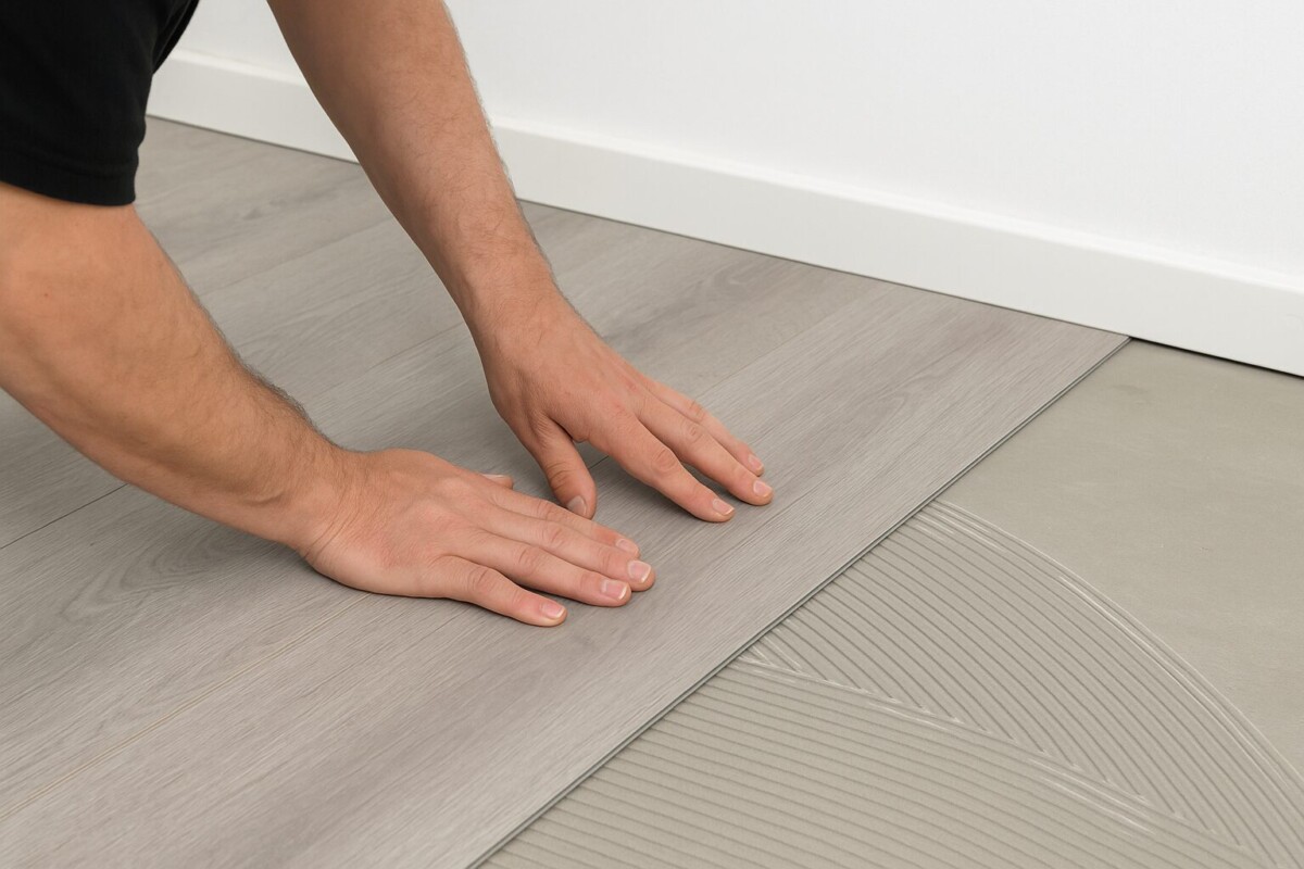 Twee handen drukken een PVC-strook stevig aan op een ondervloer met lijmrillen, tijdens het verlijmen van een PVC vloer.