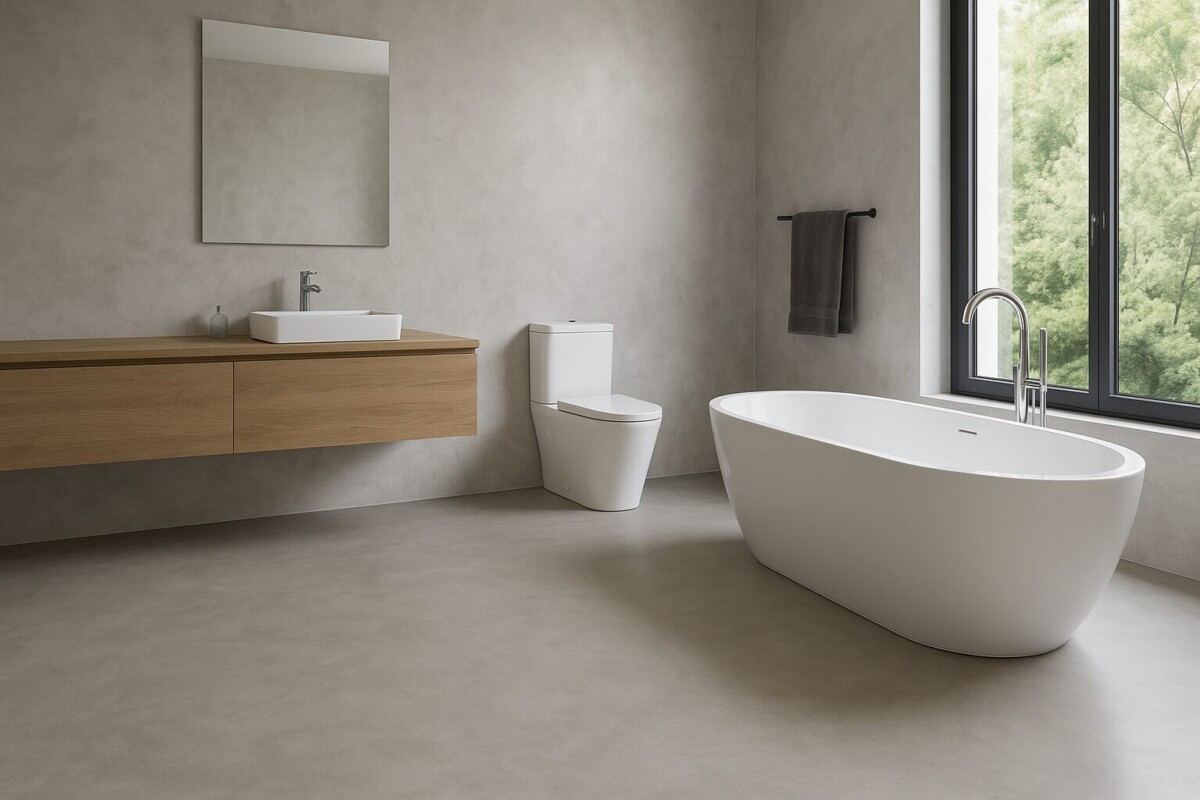 Stijlvolle badkamer in warme tinten met bad en egaal afgewerkte vloer, geschikt voor vochtige ruimtes zoals inloopdouches en natte zones.