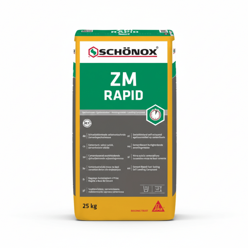 Schönox ZM Rapid 25 kg zelfverlovend egalisatiemiddel, snelle uitharding, geschikt voor renovatie en vloerverwarming.