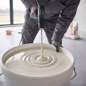 Vakman die egaline mengt in een emmer om een glad en egaal vloeroppervlak te creëren.