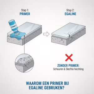 Illustratie van het aanbrengen van primer op een vloer voor egaline, met een geprimeerde vloer zonder scheuren naast een vloer zonder primer met scheuren.