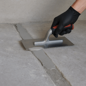 Vlakspaan die reparatiemortel gladstrijkt om een sleuf in een betonnen vloer te dichten.