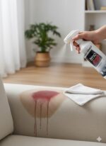 Behandeling van een hardnekkige vlek met TMC 520 om vlekken uit een bank te verwijderen en de bekleding diep te reinigen