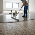 Vakman egaliseert over een tegelvloer